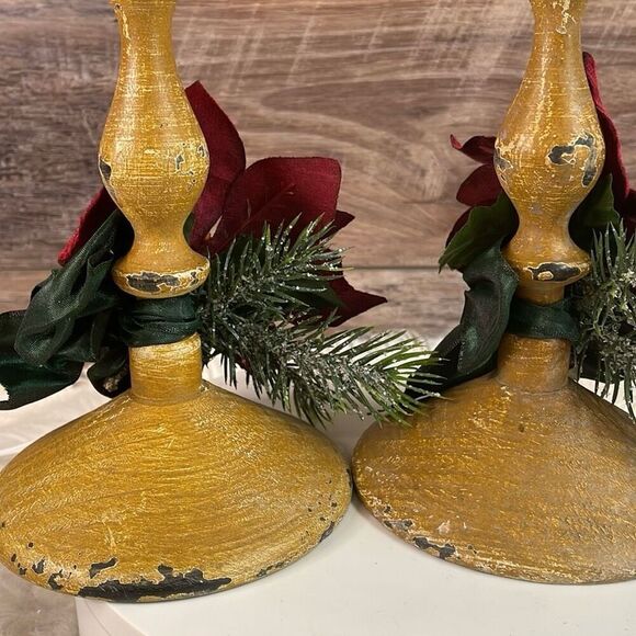 Vintage Rustic Wood Distressed Farmhouse Wooden Country Candlesticks Set - Picture 5 of 7